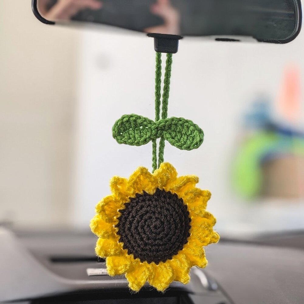 Crochet Sunflower Car Mirror Hanging Charm | Crochet Hanging Accessory